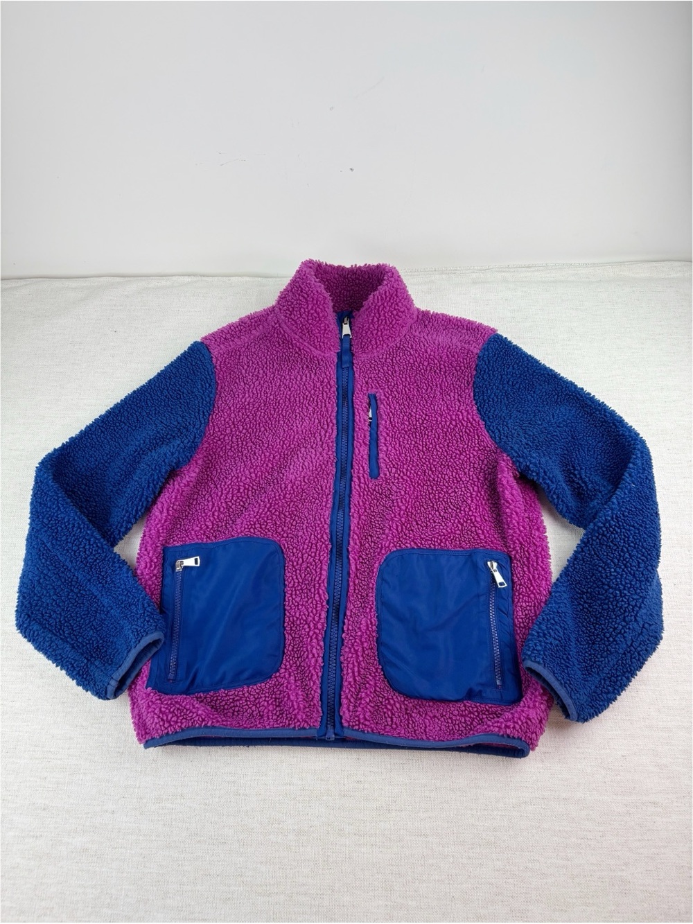 Colorblock Sherpa Jacket long sleeve mock neck full zip pockets blue pink